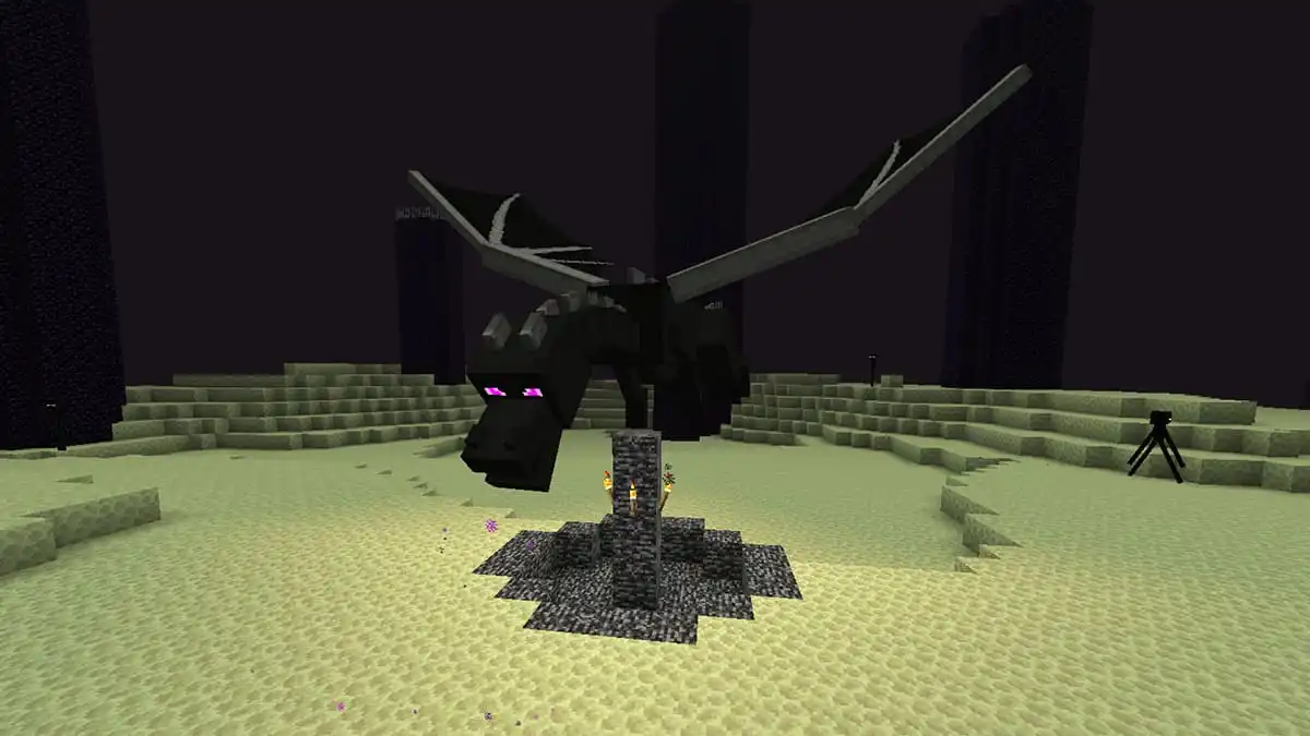 The Ender Dragon flying in the End in Minecraft