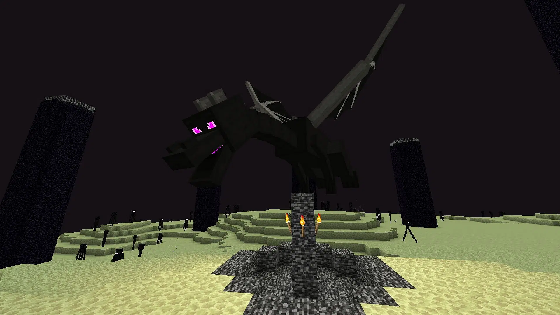 The ender dragon flying through the end world of minecraft